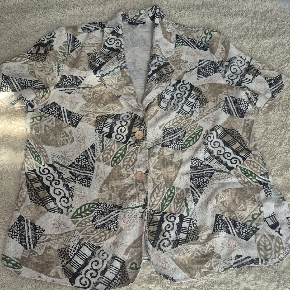 Vintage Toffy Block Print Flax Blazer 16 Short Sleeve Tribal Plus Size Jacket
